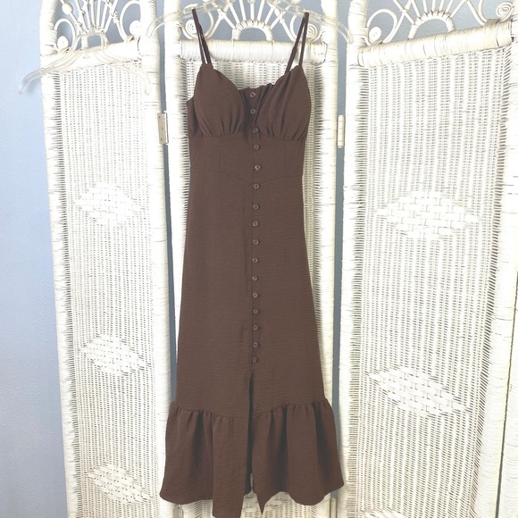 No Boundaries Dresses & Skirts - No Boundaries Brown Smocked Bust Midi Dress XS Flounce Hem Cottage Milkmaid